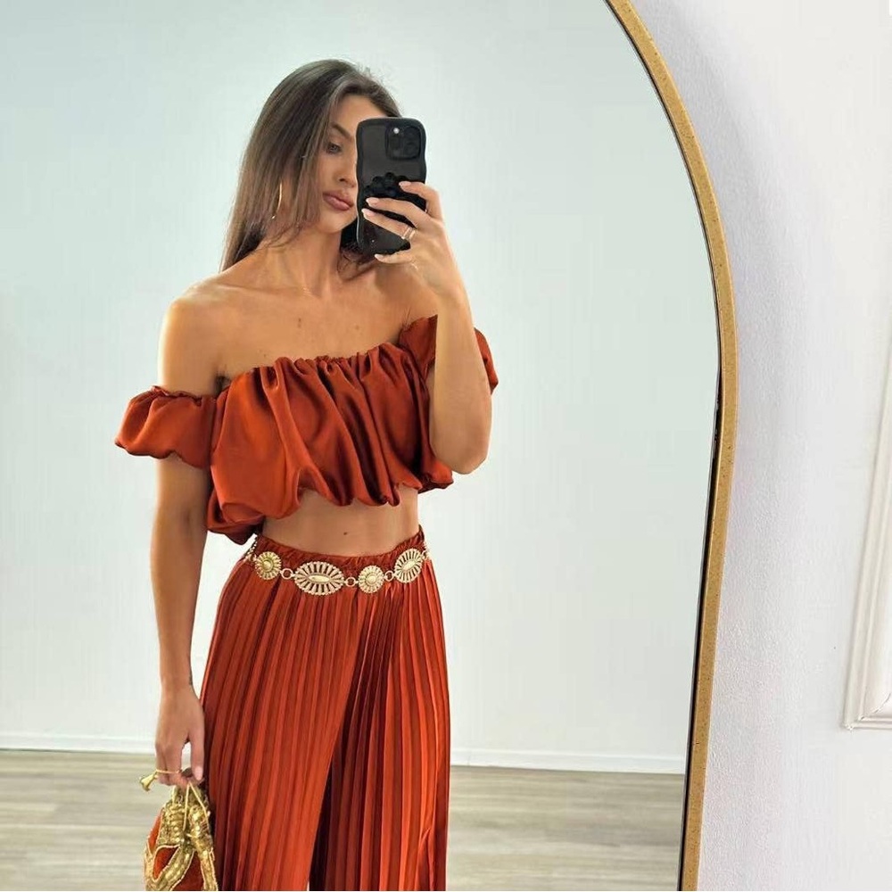 Rust Colored Two Piece Satin Crop Top and Flare Pant set - Picture 1 of 4